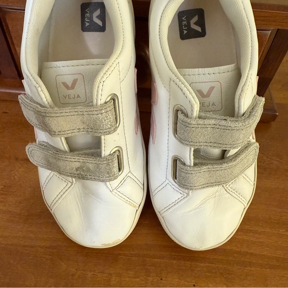 Veja Esplar girl’s 2 White Pink Sneakers hook & loop shoes metallic leather - Picture 8 of 12